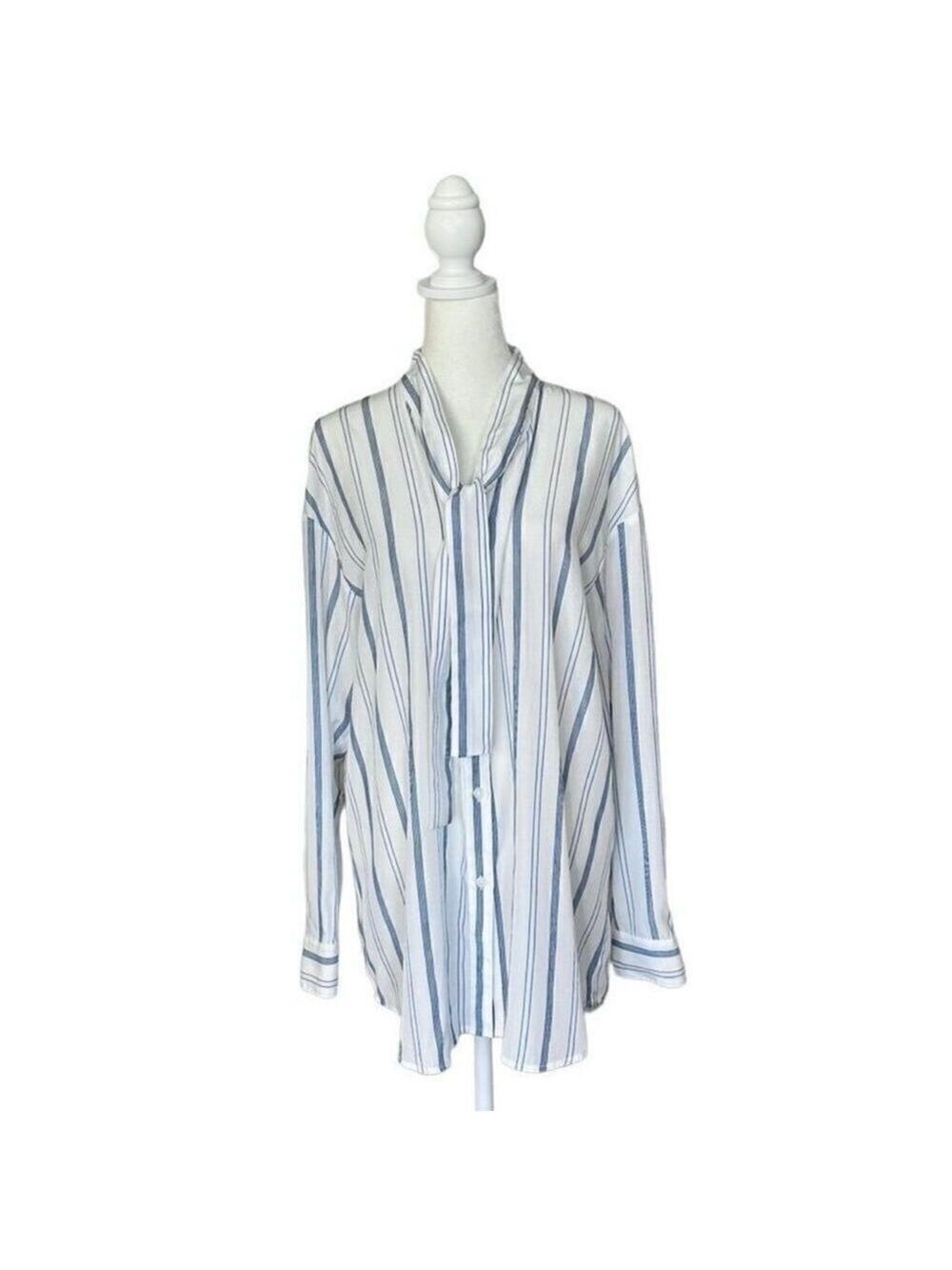 Elizabeth And James Blue Stripe Tie Neck Tunic Button Down Blouse Size Large
